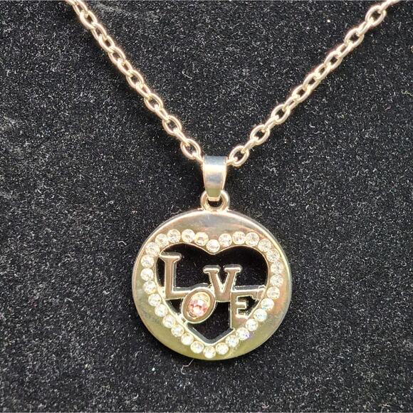 Vintage Heart Necklace Silver Heart Love Necklace Rhinestones Pink Stone Heart - Picture 6 of 8